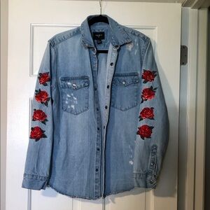 Forever 21 Blue Denim Jacket with Red Floral Embroidery